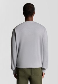 Felpa grigia chiara con maniche lunghe, polsini a costine e colletto tondo; indossata con pantaloni verde oliva, tessuto strutturato visibile.