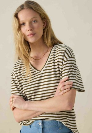 T-shirt à rayures en beige et vert olive, avec des manches courtes et une coupe décontractée, associé à un jean en denim bleu clair.