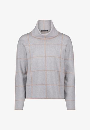 Pull en col roulé gris clair avec des manches longues et un motif discret en carreaux de fines lignes beiges.