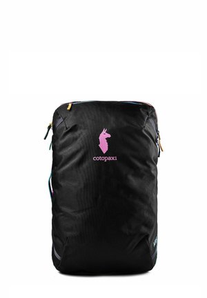 Black backpack with pink Cotopaxi logo of a llama head and the word "cotopaxi" centered on the front, with colorful zipper pulls on top and sides.