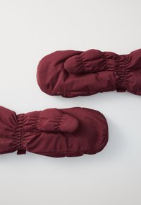 Ein Paar kastanienrote, isolierte Winterhandschuhe mit elastischen Handgelenken, die auf einer weißen Fläche liegen.