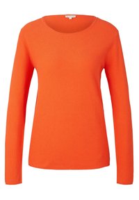 Langärmliger, gerippter orangefarbener Pullover mit Rundhalsausschnitt und weicher Textur, der ein einfaches Design für legere Kleidung aufweist.