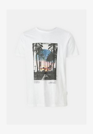 White cotton t-shirt featuring a graphic print of palm trees at sunset, with text below. Short sleeves and a round neckline.