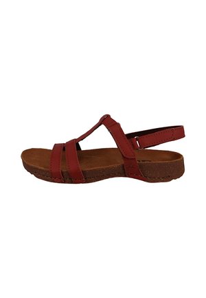 Red synthetic leather sandal with three upper straps and a back strap, featuring a cork sole and a textured insole.