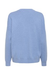 Pull bleu clair à manches longues avec col rond, poignets et ourlet côtelés, présenté de dos sur fond blanc.