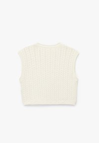 Strikket cropped sweater i off-white med et tekstureret mønster, korte ærmer og ribbet halskant og kant, der viser et enkelt, struktureret design.