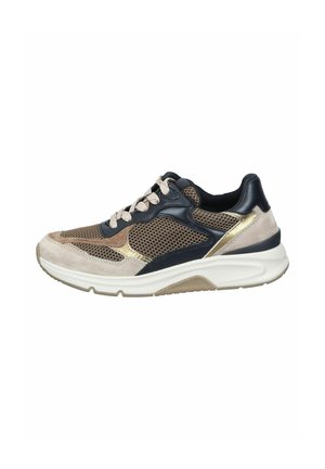 Sneaker in beige suede and navy leather with a mesh design; features cream laces, gold accents, and a white rubber sole.