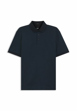 Polo da uomo a maniche corte blu navy con motivo a trama, abbottonatura a due bottoni e colletto a maglia.