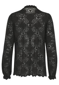 Černá krajková blůza s dlouhými rukávy, s květinovými vzory, vlnitými okraji a mírně průhlednou texturou. Elegantní a detailní design.