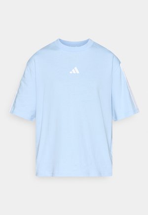 Light blue cotton t-shirt with a round neckline, short sleeves, and a white logo on the chest. Features white stripes on the sleeves.