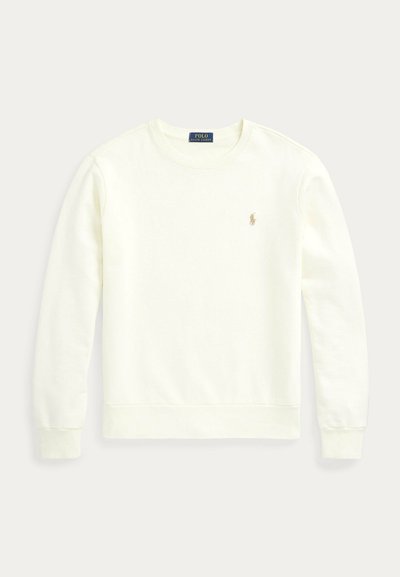 Felpa di colore giallo chiaro in cotone, con scollo rotondo, maniche lunghe, polsini a costine e piccolo logo ricamato sul petto a sinistra.