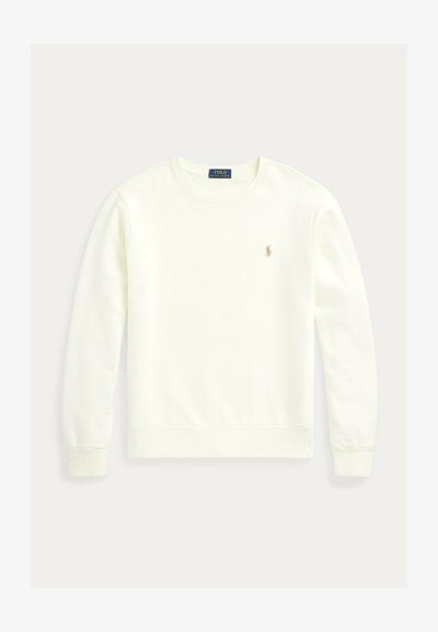 Felpa di colore giallo chiaro in cotone, con scollo rotondo, maniche lunghe, polsini a costine e piccolo logo ricamato sul petto a sinistra.