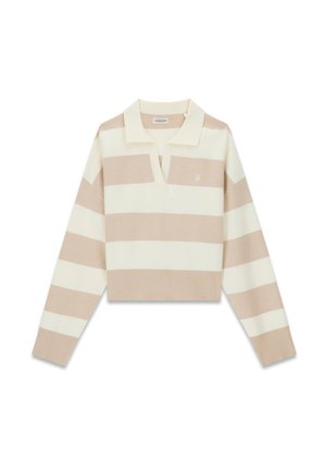 Kurz geschnittener Pullover mit beigen und cremefarbenen horizontalen Streifen, mit Kragen und geripptem Saum und Ärmelbündchen, aus weichem Stoff gefertigt.