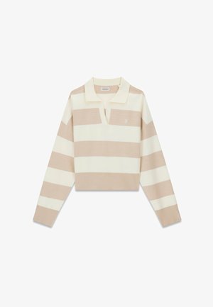 Kurz geschnittener Pullover mit beigen und cremefarbenen horizontalen Streifen, mit Kragen und geripptem Saum und Ärmelbündchen, aus weichem Stoff gefertigt.