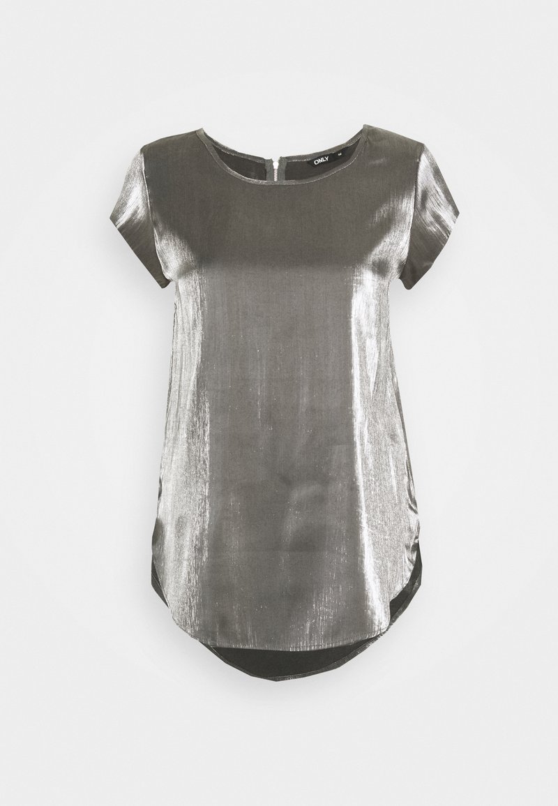 Haut tunique à manches courtes, argenté brillant, avec un col rond et un ourlet arrière légèrement plus long.