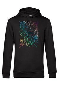 Svart hoodie med en färgglad grafisk design av pixelerade karaktärer och föremål, inklusive en gruvhacka och en creeper, i olika klara färger.
