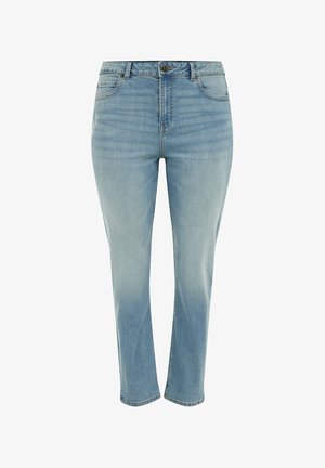 Šviesiai mėlynos džinsinės kelnės su tiesia kojų linija, penkiomis kišenėmis ir mygtukų uždarymu. Yra subtilių blukimų ir toninių siūlių.