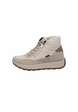 Beige lace-up ankle boots with side zip, textured leather and suede panels, fur lining at the collar, and a rubber sole.