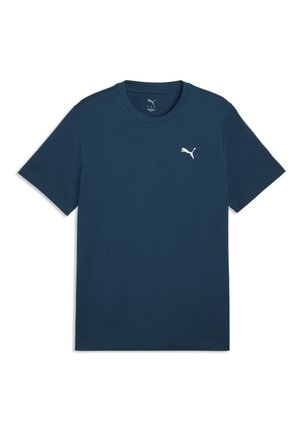 T-shirt bleu marine à manches courtes avec col rond et petit logo Puma blanc sur le côté gauche de la poitrine.