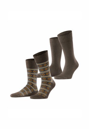 Vier Paar Socken: zwei einfarbige braune und zwei mit einem gemusterten, blauen und orangefarbenen geometrischen Design, die über Rippbündchen und weiches Material verfügen.