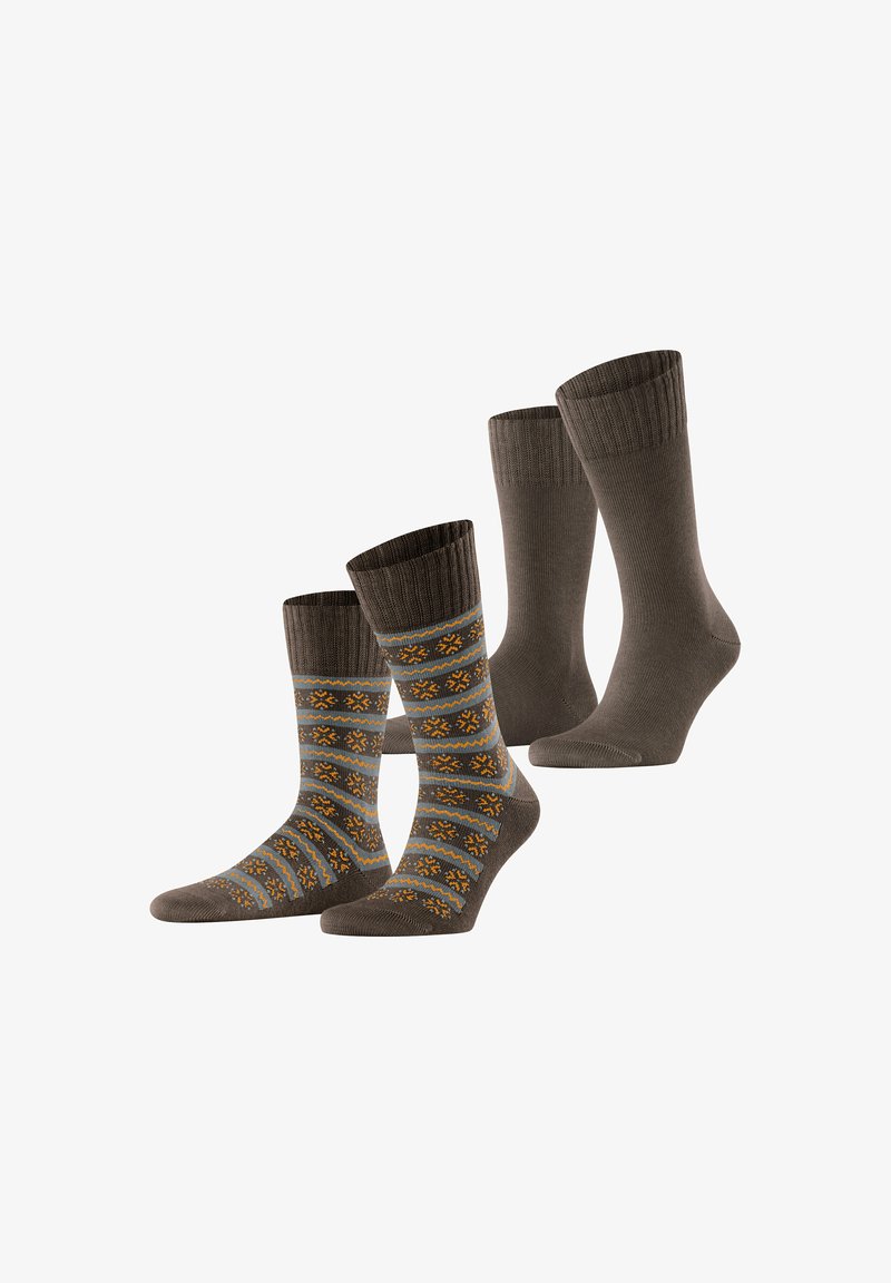 Vier Paar Socken: zwei einfarbige braune und zwei mit einem gemusterten, blauen und orangefarbenen geometrischen Design, die über Rippbündchen und weiches Material verfügen.