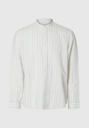 Bela srajca z dolgimi rokavi z ozkimi navpičnimi bež črtami, mandarinim ovratnikom, spredaj z gumbi in zapenjanjem na gumbe na manšetah.