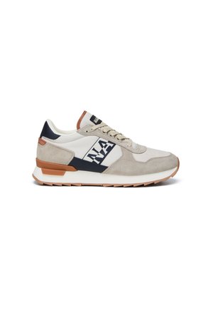 Men’s beige and white sneaker with navy and brown accents, suede overlays, and large navy "NAPA" logo on side panel.