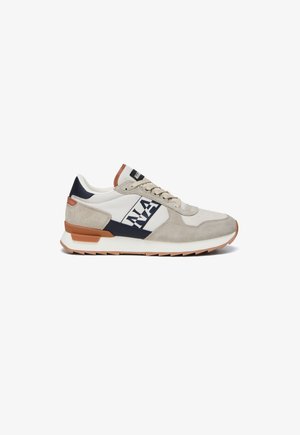Men’s beige and white sneaker with navy and brown accents, suede overlays, and large navy "NAPA" logo on side panel.