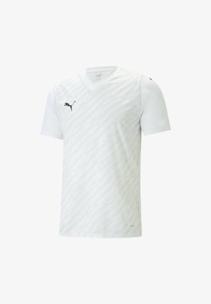 Maglietta sportiva bianca a maniche corte con scollatura a V, caratterizzata da un motivo testurizzato e logo Puma nero sul lato sinistro superiore.