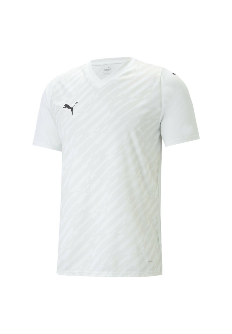 Maglietta sportiva bianca a maniche corte con scollatura a V, caratterizzata da un motivo testurizzato e logo Puma nero sul lato sinistro superiore.