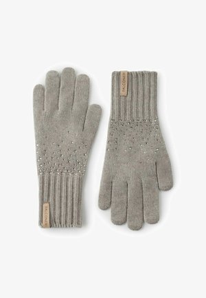 Grau gestrickte Handschuhe mit gerippten Bündchen, verziert mit kleinen Perlen in einem gepunkteten Muster. Auf dem Handgelenk befindet sich ein Etikett mit dem Markennamen "FALCONERI".