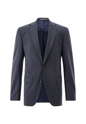 Dunkelblauer Herrenblazer mit Kerbkragen, Zweiknopf-Verschluss, Brusttasche und Pattentaschen, abgebildet vor weißem Hintergrund.