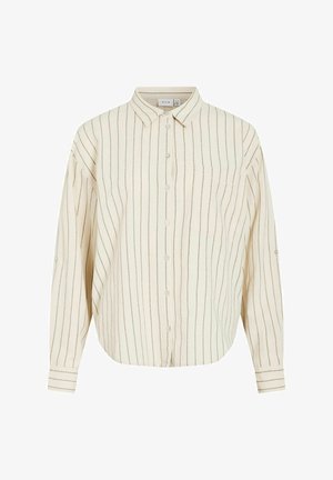 Koszula kremowa z długim rękawem na guziki, z cienkimi pionowymi brązowymi paskami i spiczastym kołnierzem, przedstawiona na jednolitym tle.