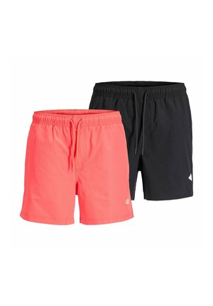 Two pairs of men's swim shorts, one coral and one black, both with elastic waistbands and drawstrings.