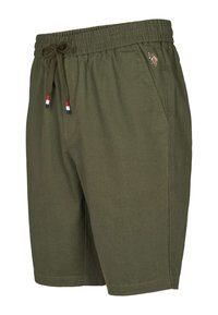 Olijfgroene korte broek van katoen. Voorzien van een elastische tailleband met trekkoord, zijzakken en een klein geborduurd logodetail.