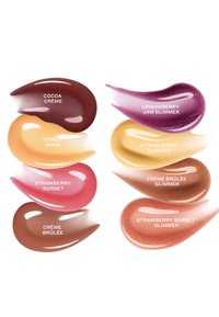 Osiem błyszczących próbek kolorów pomadek: odcienie obejmują Cocoa Crème, Citrus Shine, Strawberry Sorbet i inne, z połyskującymi wykończeniami.