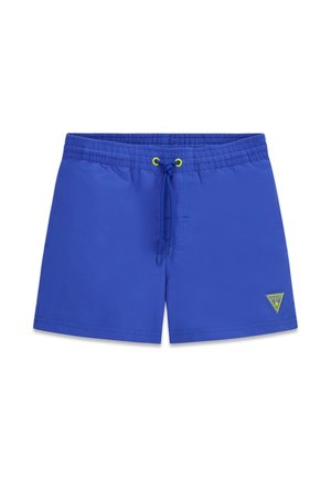 Costume da bagno da uomo blu con vita elasticizzata e coulisse, caratterizzato da una piccola toppa triangolare con logo sulla parte inferiore della gamba sinistra.