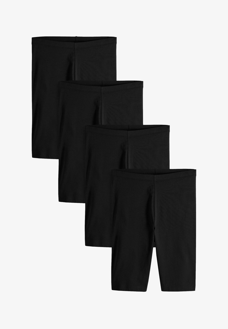 Quatre paires de shorts noirs en tissu lisse et extensible, dotés d'un design simple avec des ceintures élastiques et sans motifs visibles.