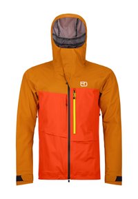 Waterproof jacket featuring a bright orange body, contrasting yellow zipper, and an orange hood. Made from textured material with black accents.