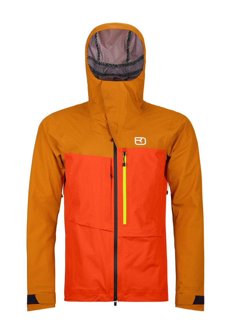 Waterproof jacket featuring a bright orange body, contrasting yellow zipper, and an orange hood. Made from textured material with black accents.