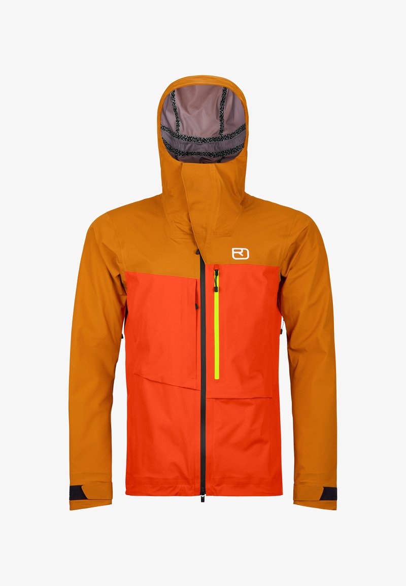 Waterproof jacket featuring a bright orange body, contrasting yellow zipper, and an orange hood. Made from textured material with black accents.