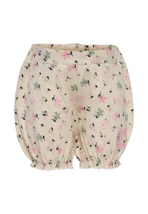 Gemusterte Stoffshorts in Beige mit rosa und grünen Blumendesigns, elastischem Bund und Rüschensaum. Weiches, strukturiertes Material.
