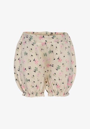 Gemusterte Stoffshorts in Beige mit rosa und grünen Blumendesigns, elastischem Bund und Rüschensaum. Weiches, strukturiertes Material.