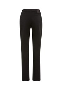 Schwarze Jeans mit geradem Bein, von hinten gesehen, mit zwei Gesäßtaschen und einem kleinen schwarzen Markenetikett am Bund.