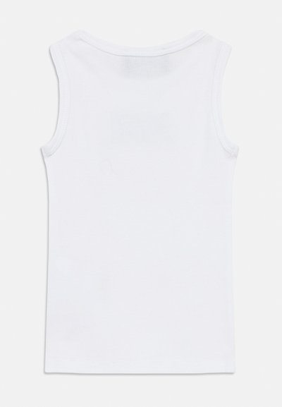 Λευκό αμάνικο τοπ κατασκευασμένο από ριμπ βαμβάκι. Διαθέτει στρογγυλεμένο λαιμόκοψη και ραμμένα περιθώρια, παρουσιάζοντας μια ομαλή υφή.