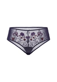 Marine sheer kanten slipjes met bloemendessin in paars en rood, met een strikdetail aan de voorkant en gegolfde randen.