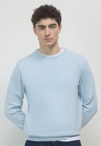Helles blaues Sweatshirt mit Rundhals aus softer, strukturiertem Stoff. Ribbing an den Ärmelbündchen und dem Saum für einen angenehmen Sitz. Einfaches Design, keine sichtbaren Muster oder Akzente.
