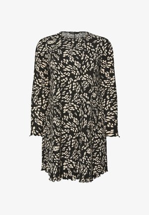 Musta mekko, jossa on pitkät hihat ja pyöreä kaula-aukko, jossa on kerma sävyinen abstrakti lehtikuosi ja teksturoitu, laskeutuva kangas.