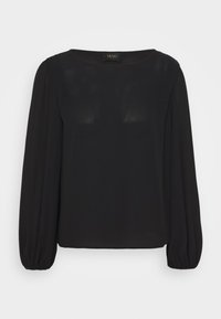 Schwarze Bluse mit langen Ärmeln, geradem Schnitt, runder Halslinie und elastischen Bündchen. Hergestellt aus einem glatten, leicht durchscheinenden Stoff.