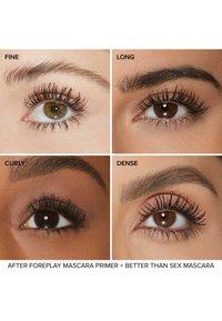 Vier close-up afbeeldingen van ogen met verschillende wimpereffecten: fijn, lang, krullend en dicht, die duidelijk verschillende lengtes en diktes tonen, allemaal met mascara.